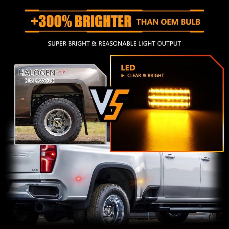 OFFKAT Front & Rear Side Marker Lights for Chevy Silverado GMC Sierra 2500HD 3500HD 2015-2023, Smoked Lens Bumper Lamps, [3 Light Beads 45 SMD Chips Super Bright] Amber & Red Turn Signal Lights, 4 PCS - Image 2